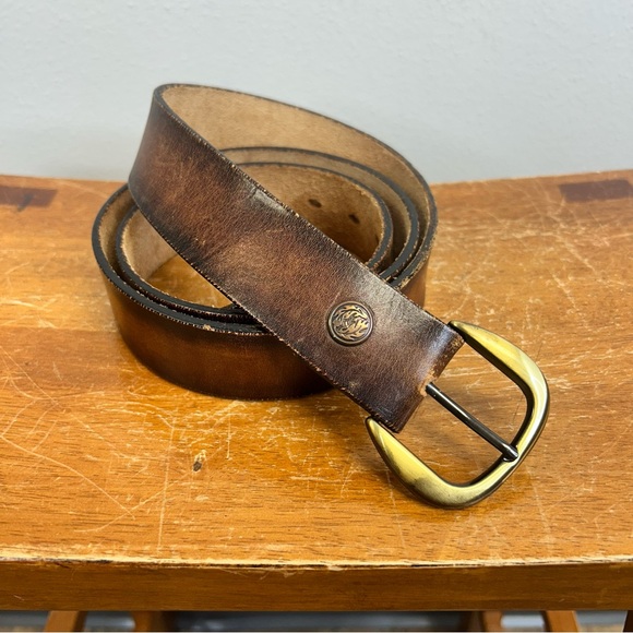 Other - Vintage Brown Leather Belt Gold Buckle Emblem Rustic Western Boho Mens 41/42”